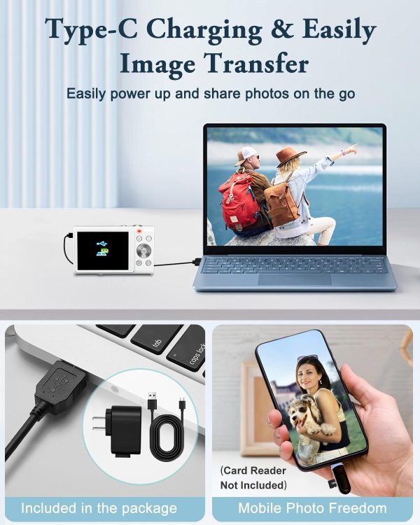 Digital Camera, 4K Autofocus Vlogging Camera with Flash, 48MP Point and Shoot Digital Camera with 16X Zoom, Anti-Shake, 32GB Card, Portable Compact Camera for Teens Adult Beginner(White) - Image 2