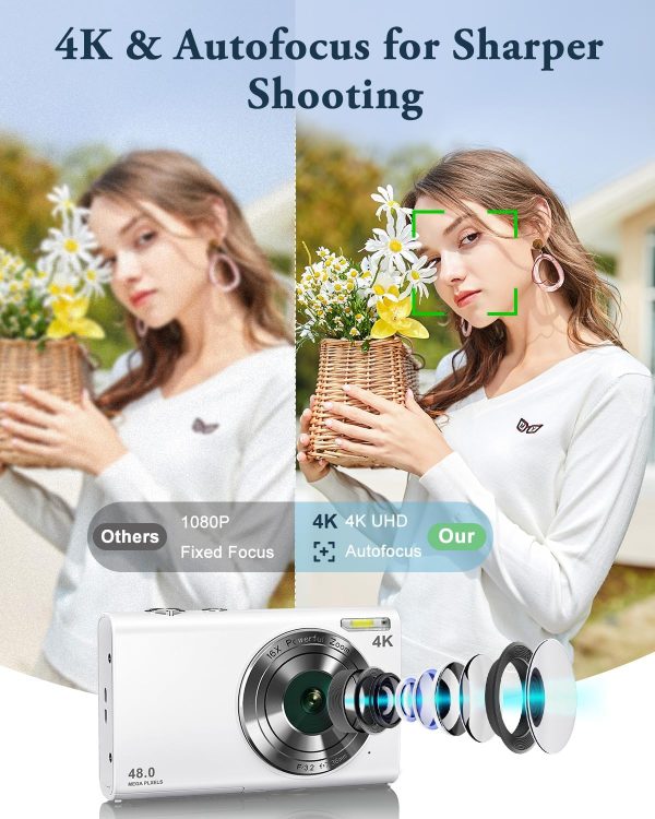Digital Camera, 4K Autofocus Vlogging Camera with Flash, 48MP Point and Shoot Digital Camera with 16X Zoom, Anti-Shake, 32GB Card, Portable Compact Camera for Teens Adult Beginner(White) - Image 5