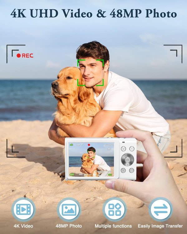 Digital Camera, 4K Autofocus Vlogging Camera with Flash, 48MP Point and Shoot Digital Camera with 16X Zoom, Anti-Shake, 32GB Card, Portable Compact Camera for Teens Adult Beginner(White) - Image 4