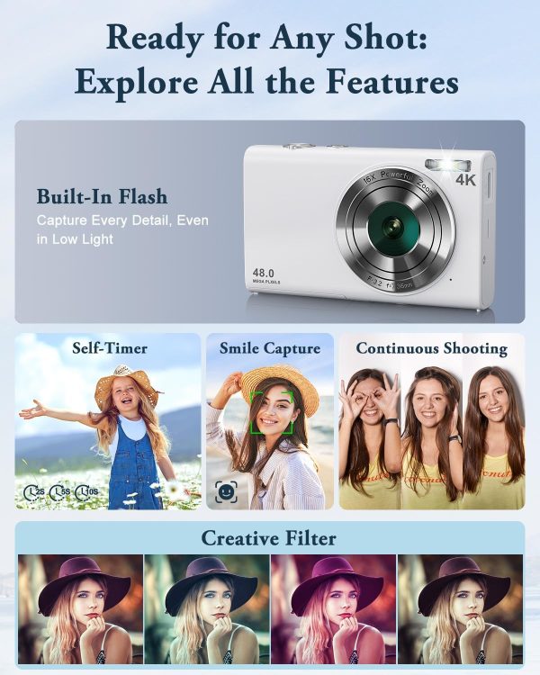Digital Camera, 4K Autofocus Vlogging Camera with Flash, 48MP Point and Shoot Digital Camera with 16X Zoom, Anti-Shake, 32GB Card, Portable Compact Camera for Teens Adult Beginner(White) - Image 3